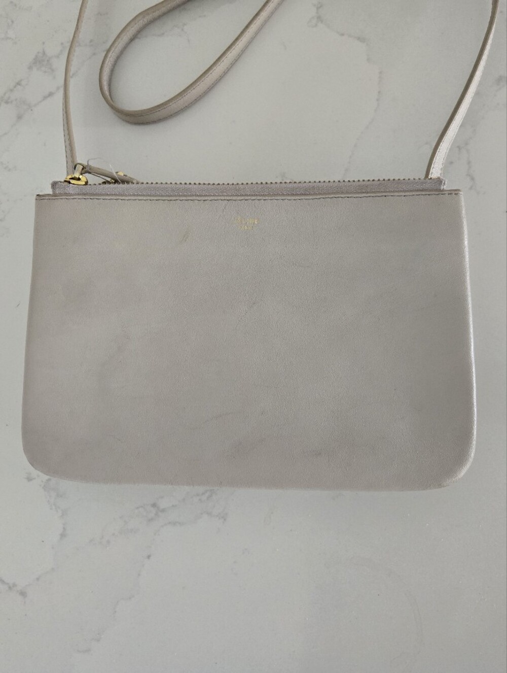 Celine Trio Beige Leather Crossbody Shoulder Bag Khaki Tan Gold Hardware - Picture 2 of 13